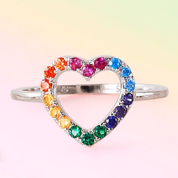 Rainbow Heart Valentine Ring, 925 Sterling Silver Size 6 Charmed Aroma - Picture 1 of 6
